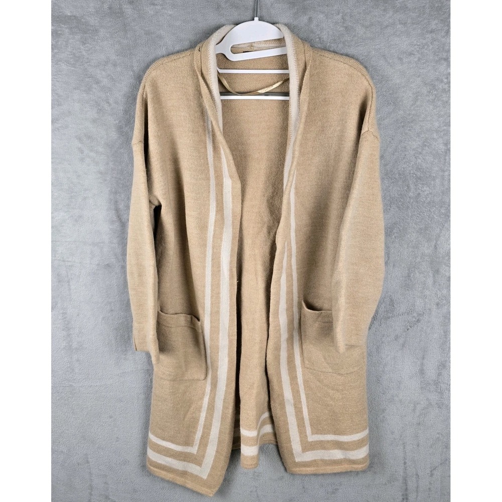 J.McLaughlin Womens Small 100% Merino Wool Open Front Cardigan Tan Stripe Long